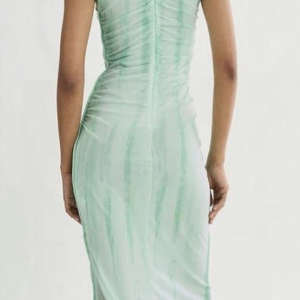 Zara Mint Green Sheer Ruched Maxi Dress - Picture 2 of 7